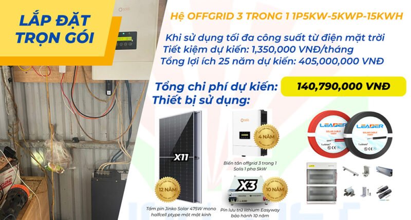 Combo lắp đặt trọn gói điện mặt trời Offgrid 1P 5Kw lưu trữ 15kwh