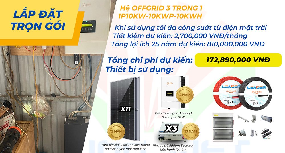 Combo lắp đặt trọn gói điện mặt trời Offgrid 1P 10Kw lưu trữ 10kwh