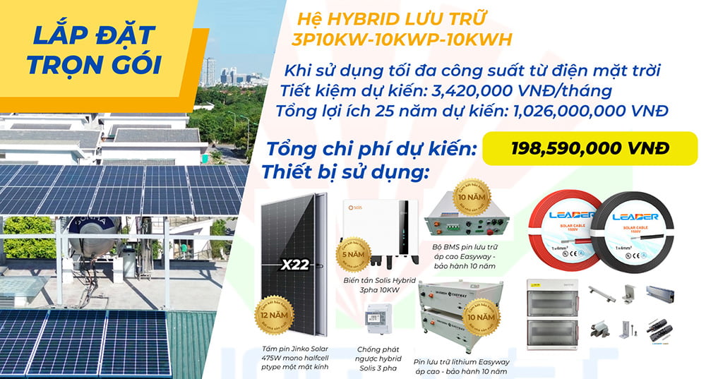 Combo lắp đặt trọn gói điện mặt trời hybrid 3P 10Kw lưu trữ 10kwh