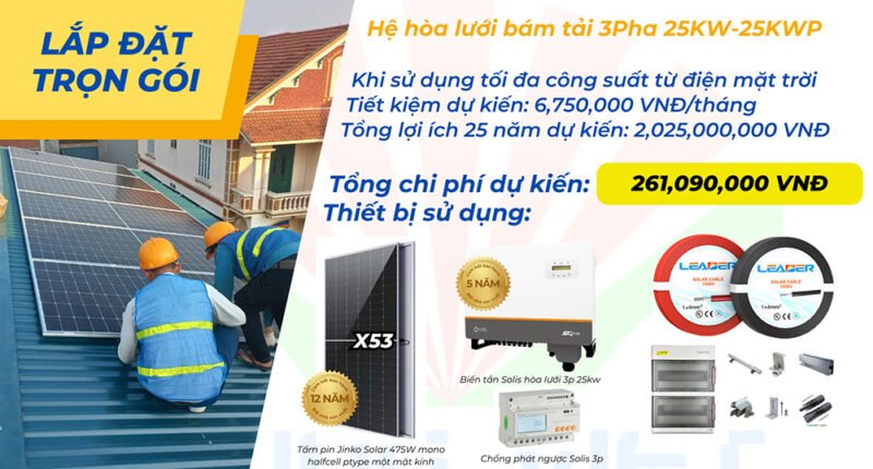 Combo lắp đặt trọn gói điện mặt trời 3P 25Kw hệ gia đình