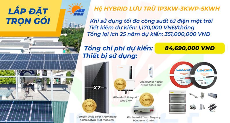 Combo lắp đặt trọn gói điện mặt trời hybrid 1P 3Kw lưu trữ 5kwh