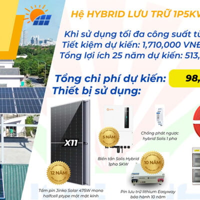 Combo lắp đặt trọn gói điện mặt trời hybrid 1P 5Kw lưu trữ 5kwh