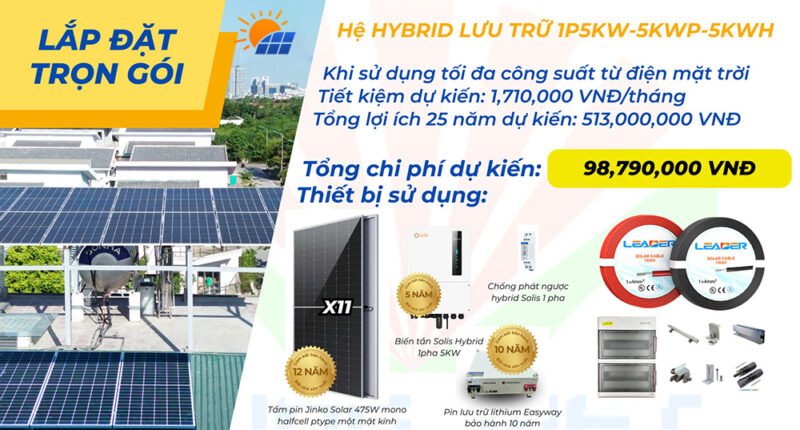 Combo lắp đặt trọn gói điện mặt trời hybrid 1P 5Kw lưu trữ 5kwh