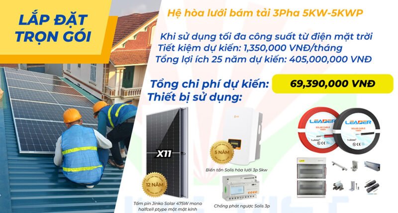 Combo lắp đặt trọn gói điện mặt trời 3P 5Kw hệ gia đình