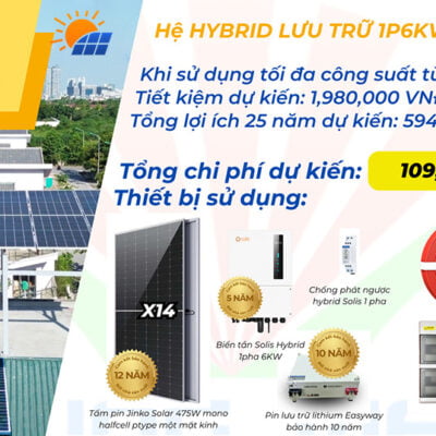 Combo lắp đặt trọn gói điện mặt trời hybrid 1P 6Kw lưu trữ 5kwh