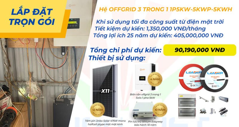 Combo lắp đặt trọn gói điện mặt trời Offgrid 1P 5Kw lưu trữ 5kwh