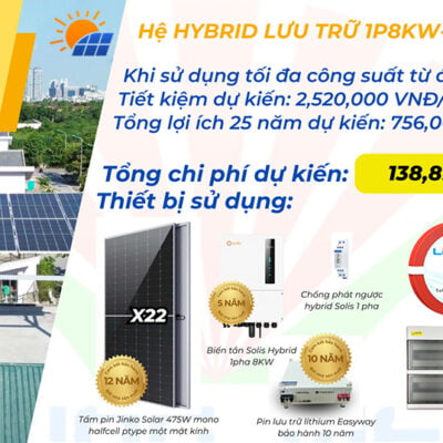 Combo lắp đặt trọn gói điện mặt trời hybrid 1P 8Kw lưu trữ 5kwh