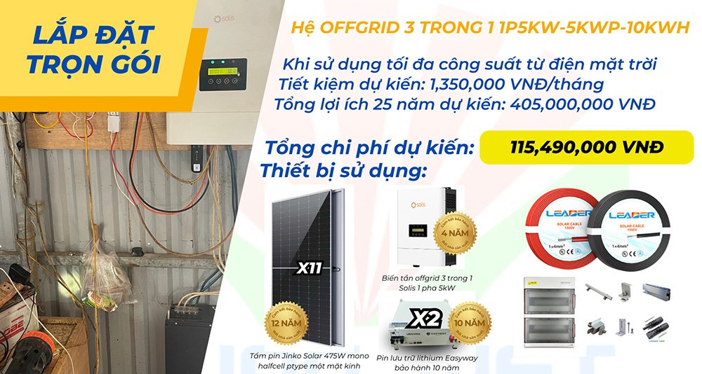 Combo lắp đặt trọn gói điện mặt trời Offgrid 1P 5Kw lưu trữ 10kwh