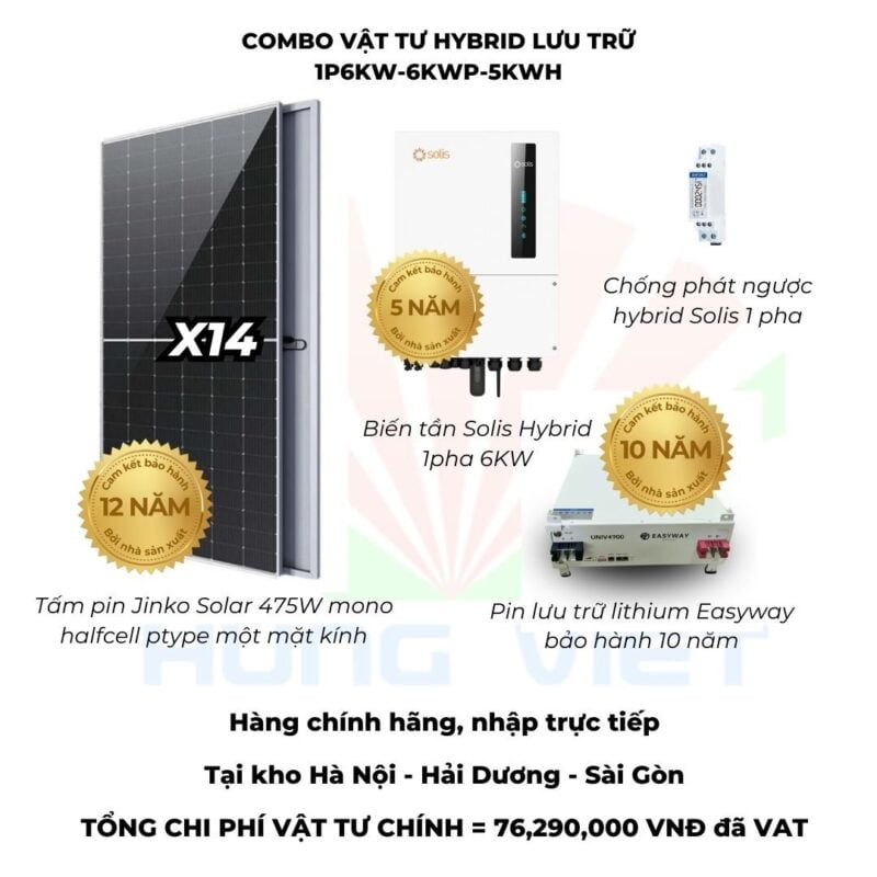 Combo vật tư Hybrid lưu trữ 1 pha 6Kw lưu trữ 5kwh