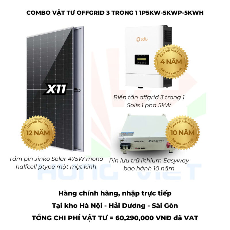 Combo vật tư Offgrid 1P5K lưu trữ 5kwh